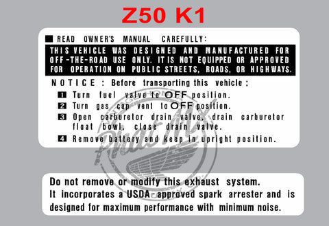 Z50 K1 Warning Decals 1969-1970